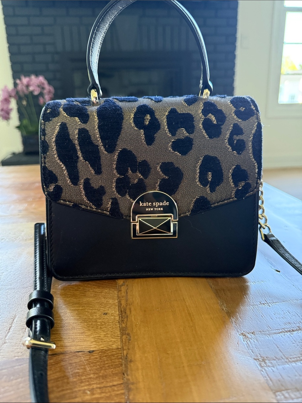 kate spade Black and Navy Leopard-Print Top Handle Satchel